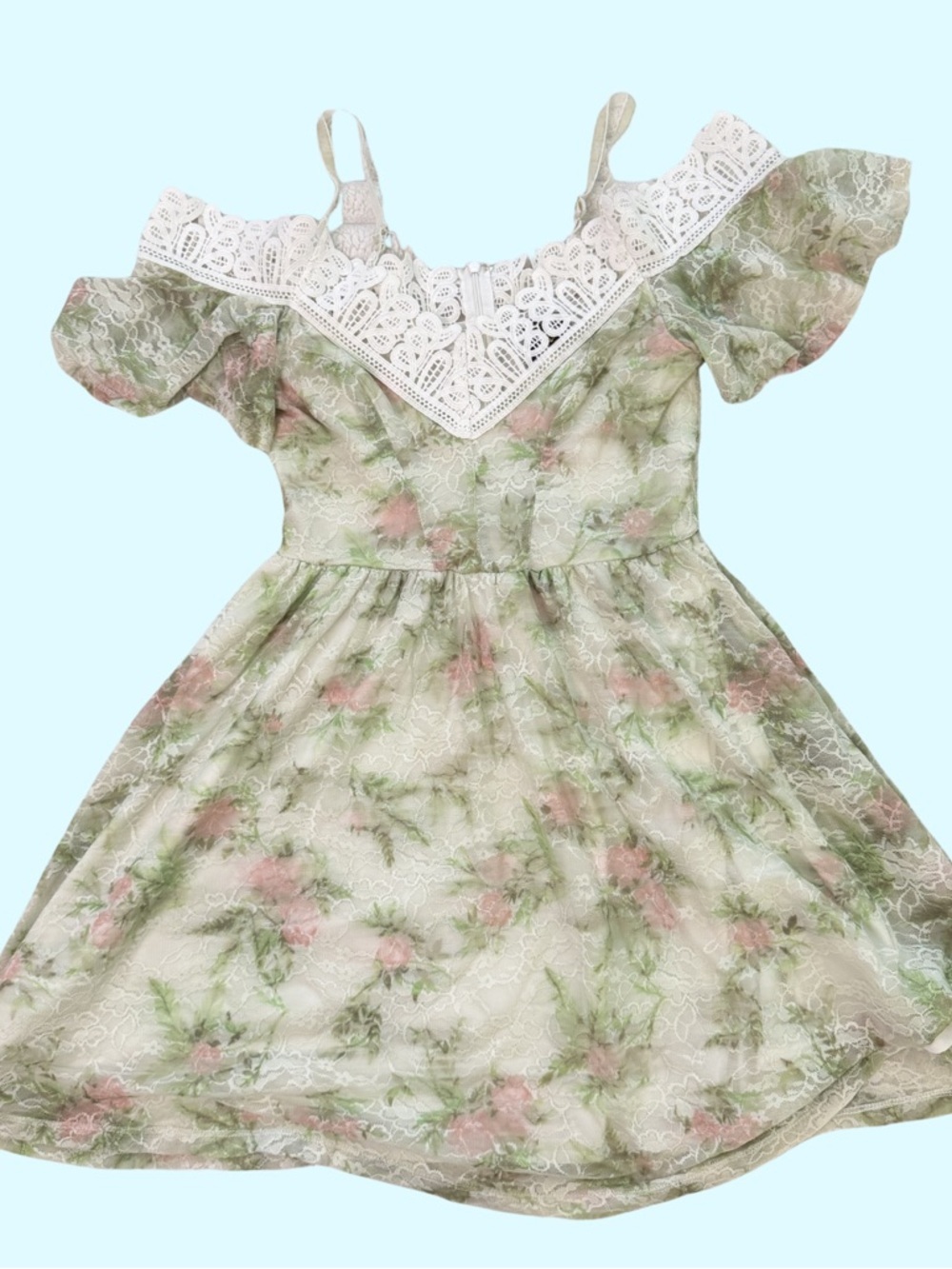 Disney Floral Lace-Trim Cold-Shoulder Mini Dress in Green and Pink